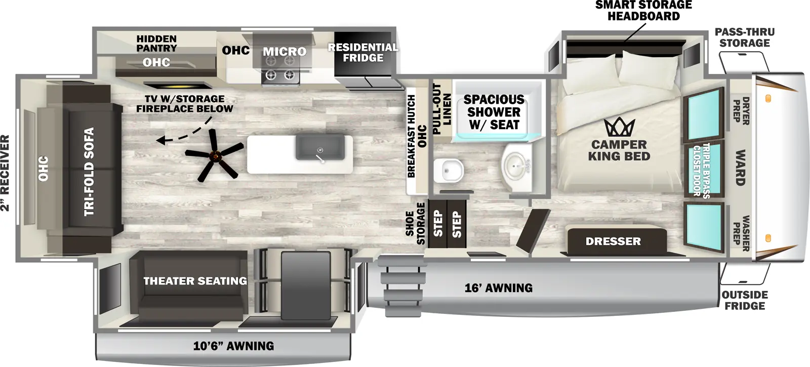 The Sabre 32GKS has one entry and three slide outs. Exterior features include: fiberglass exterior and 10'6" & 16' awning. Interiors features include: kitchen island, front bedroom and rear living.